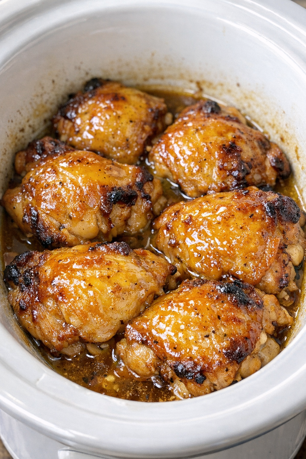 Slow cooker sweet mustard chicken in a white slow cooker