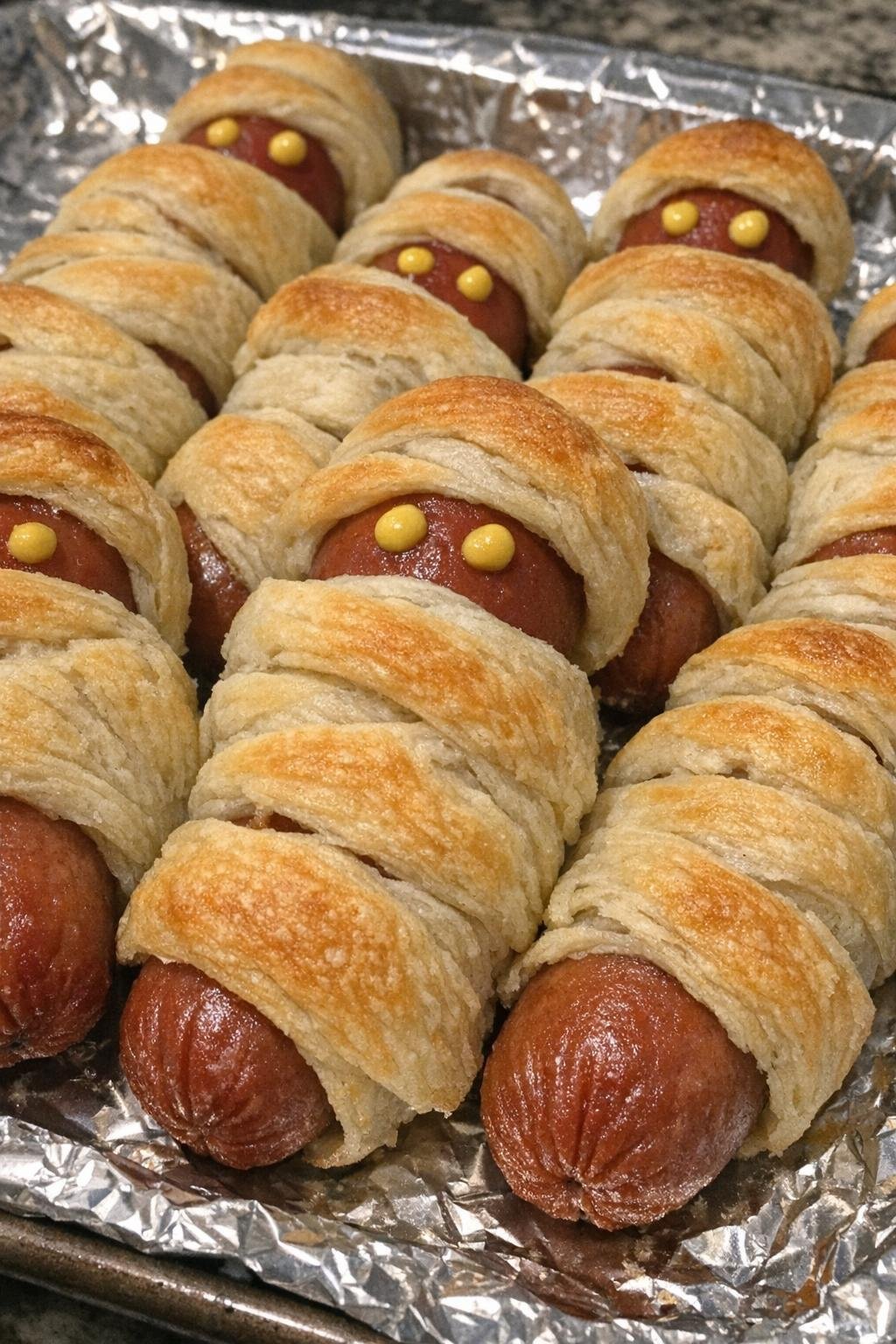 3-ingredient mummy dogs on a foil-lined baking sheet