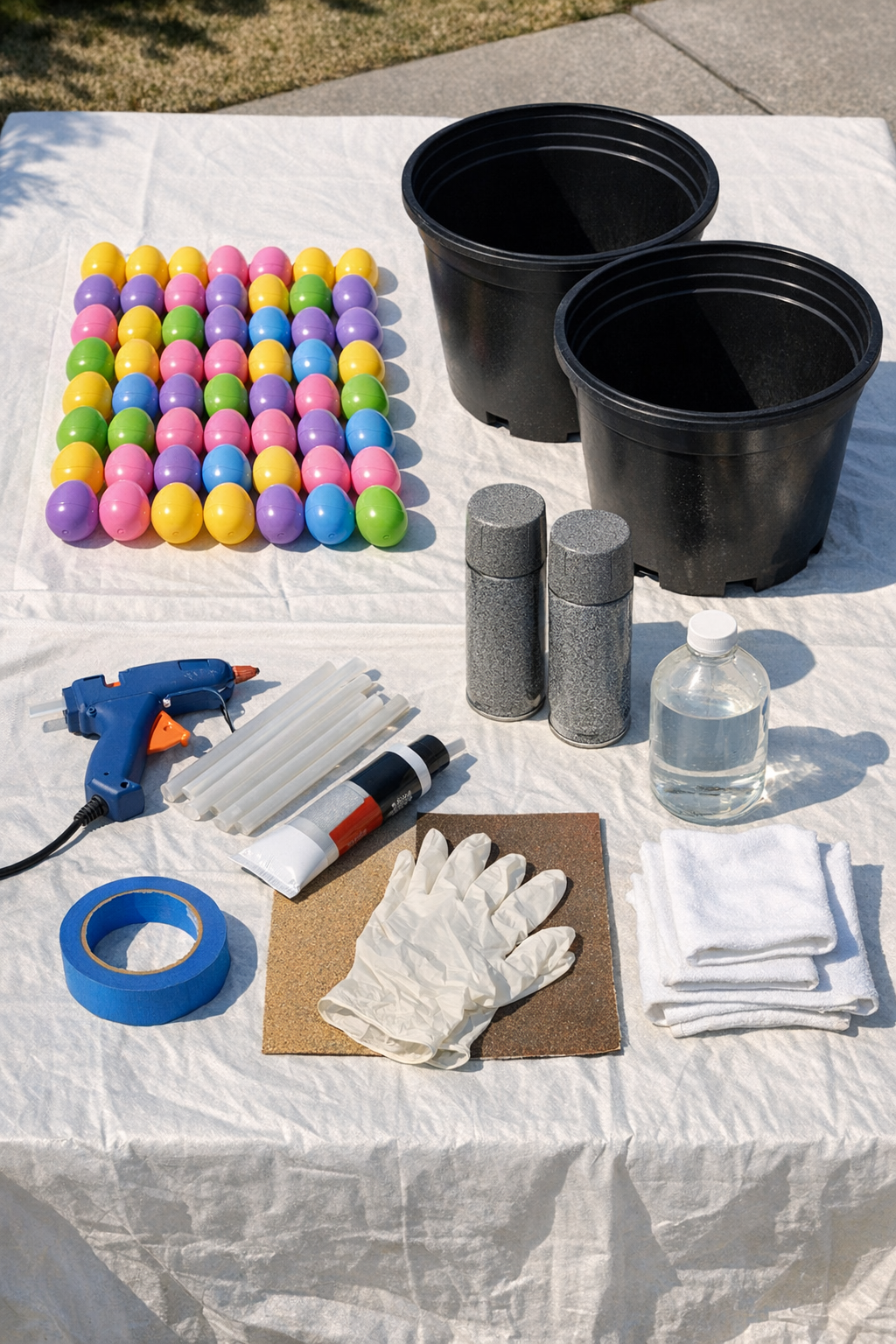 Materials for faux stone patio planters laid out on a work surface