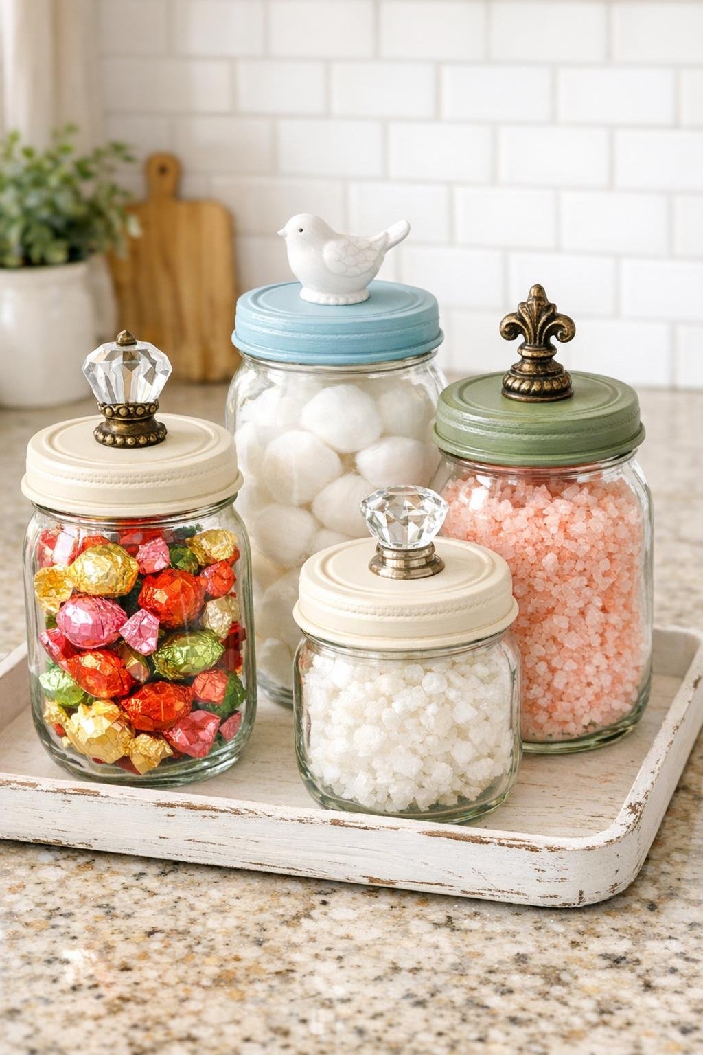 Finished set of four vintage-style apothecary jars made from glass mayo jars