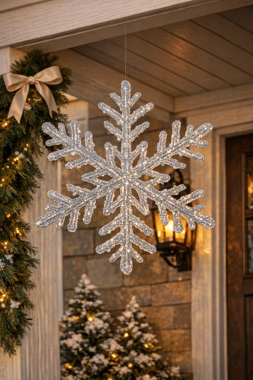 Finished glittering porch snowflake hanging on a covered winter porch