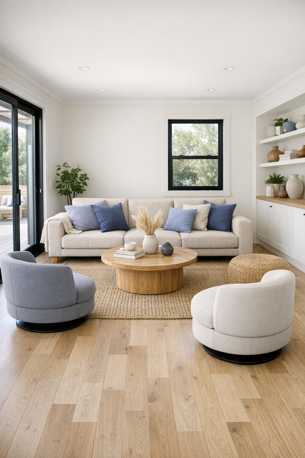 Bright accessible living room with pale oak floors, ivory walls, and periwinkle accents