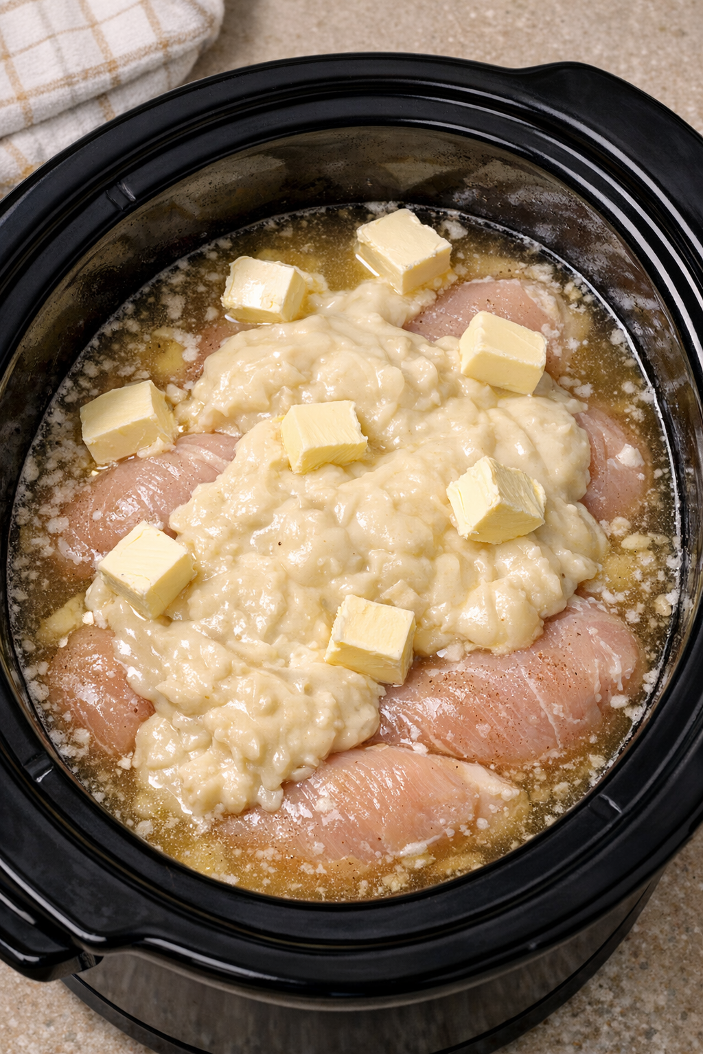 Chicken, soup, broth, and butter added to slow cooker