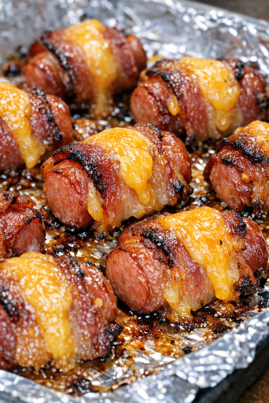 Finished low carb hot dog bites on a foil-lined baking tray