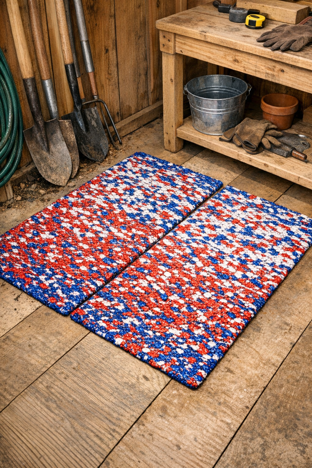 Finished red, white, and blue plastic grocery bag floor mats in a shed