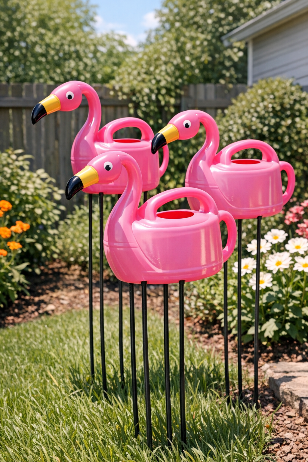 Finished giant backyard flamingos made from pink watering cans on garden stakes