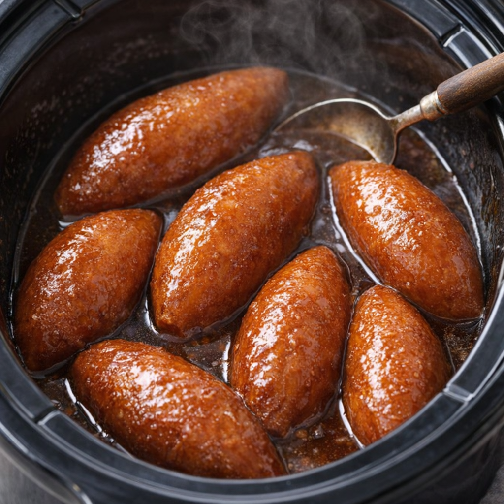 Candied sweet potatoes served with glossy syrup in the slow cooker