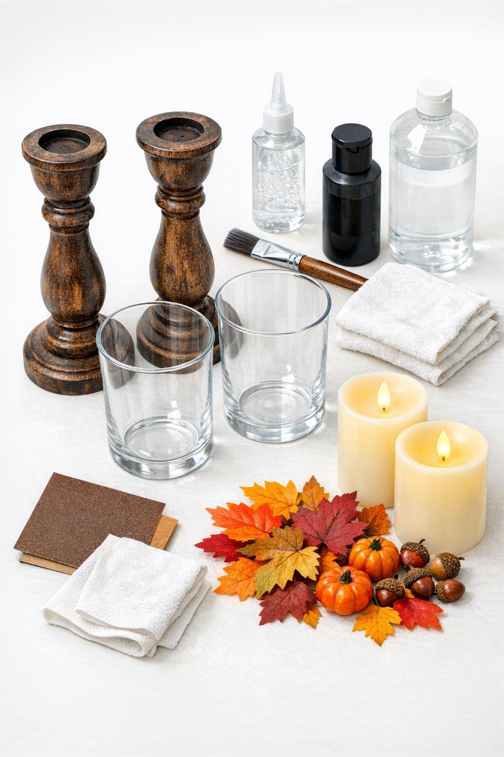 Wood candlesticks, glass hurricane holders, glue, paint, and autumn decorating supplies laid out together