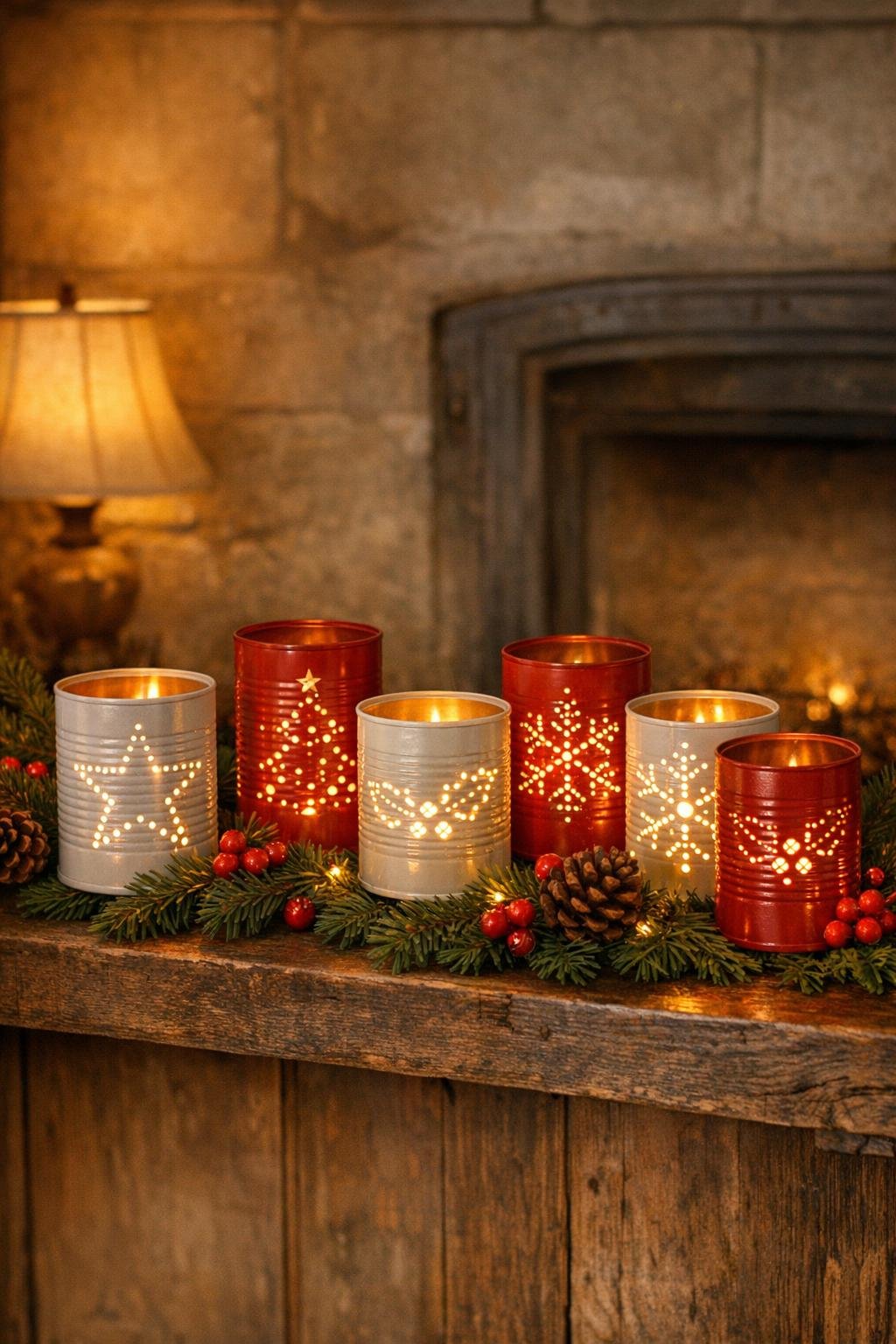 Finished punched-tin Christmas luminaries glowing on a holiday mantel