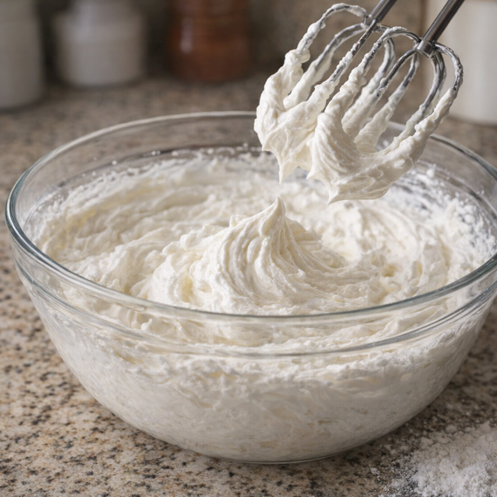 Whipped cream forming soft peaks in mixing bowl