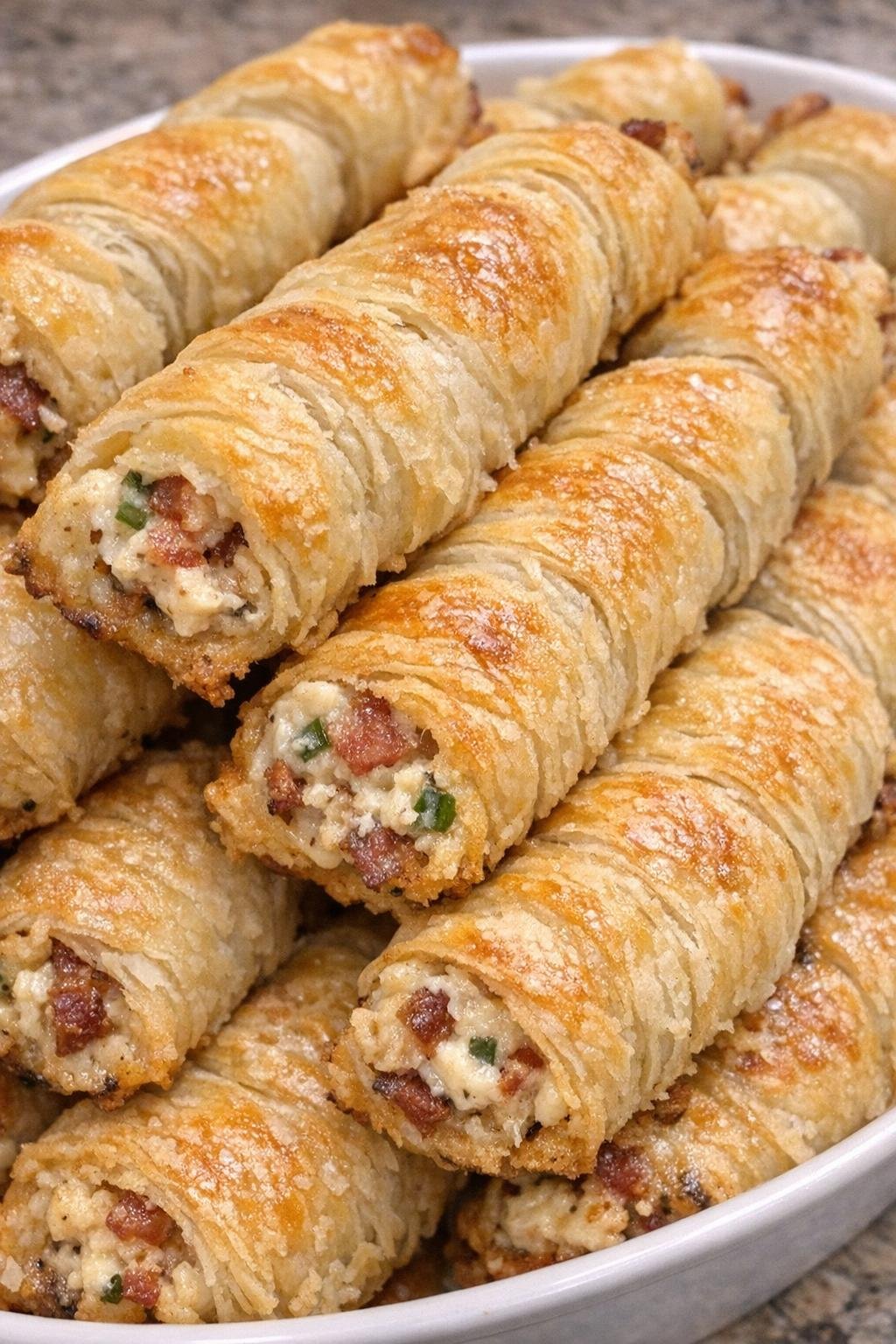 Golden flaky stuffed savory twists piled in a serving dish