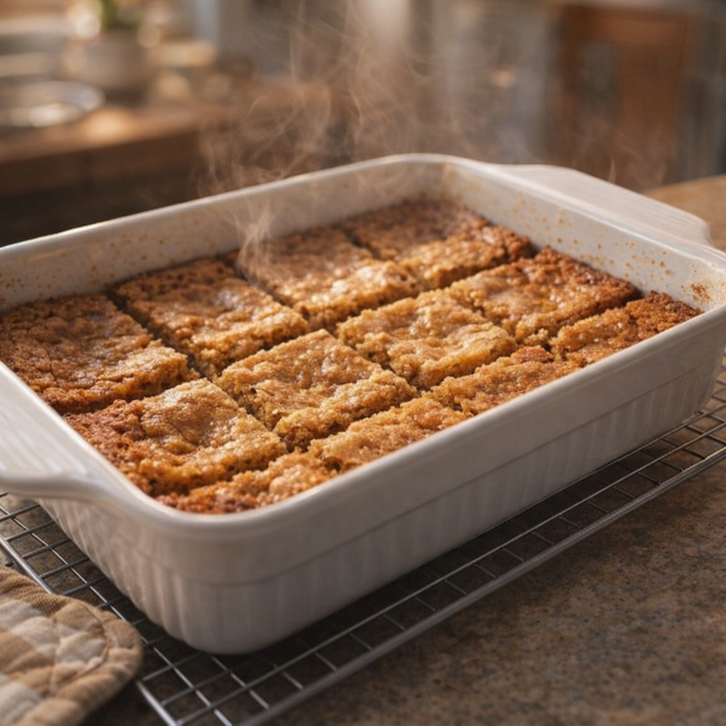 Freshly baked butterscotch bars cooling in the pan