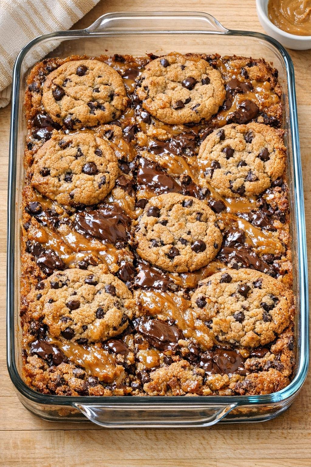 Finished chocolate chip cookie butter bars in a glass baking dish