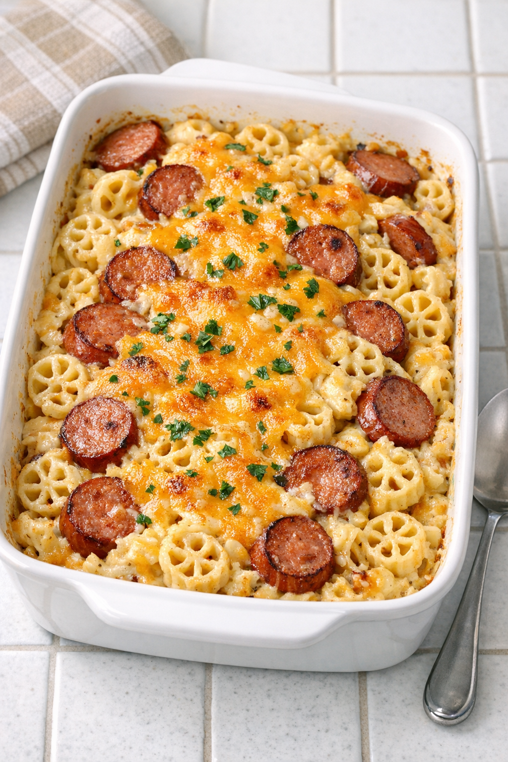 Finished ring bologna noodle bake in a ceramic baking dish