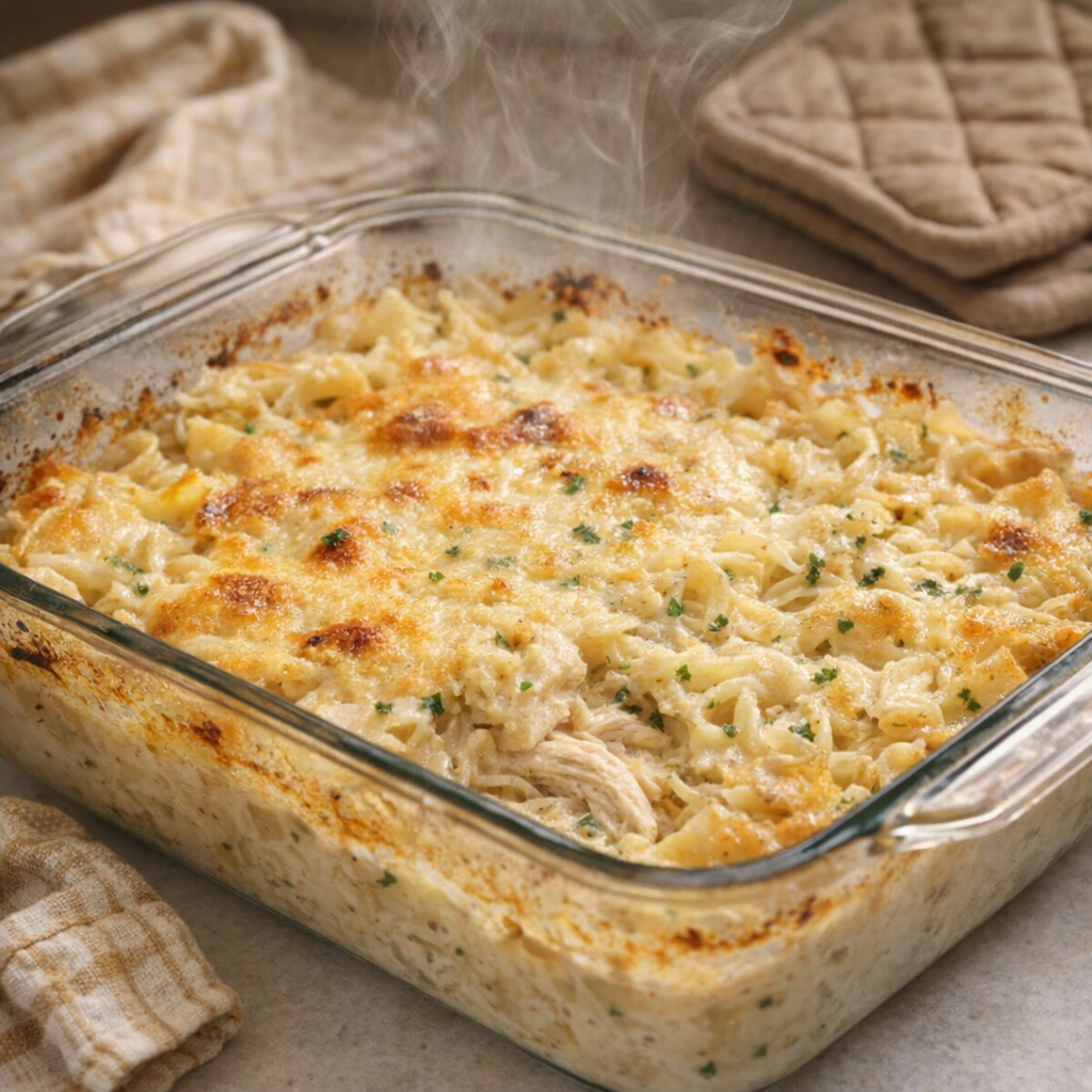 Baked casserole with golden edges fresh from the oven