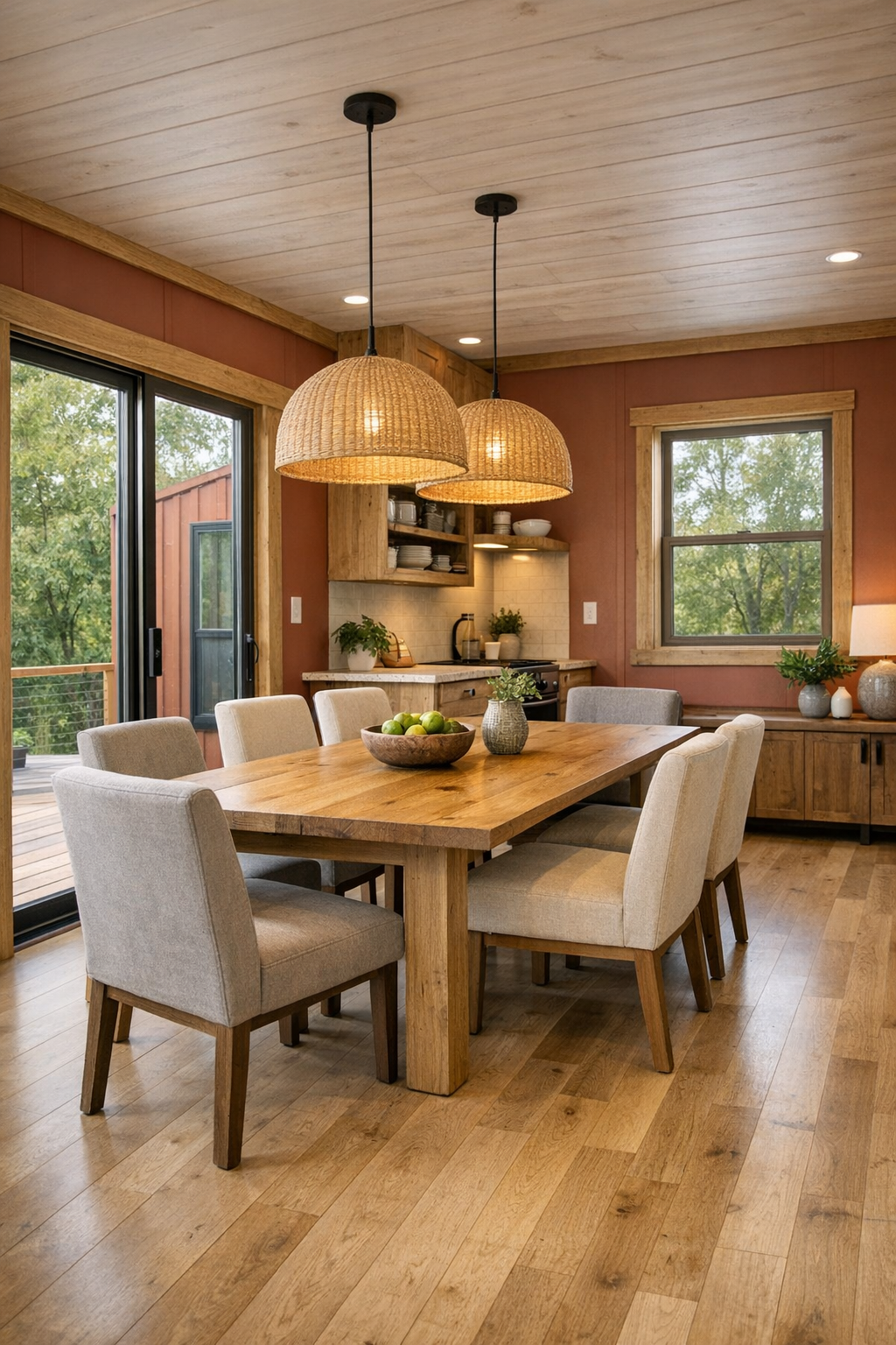 Accessible dining room with natural wood table and soft daylight