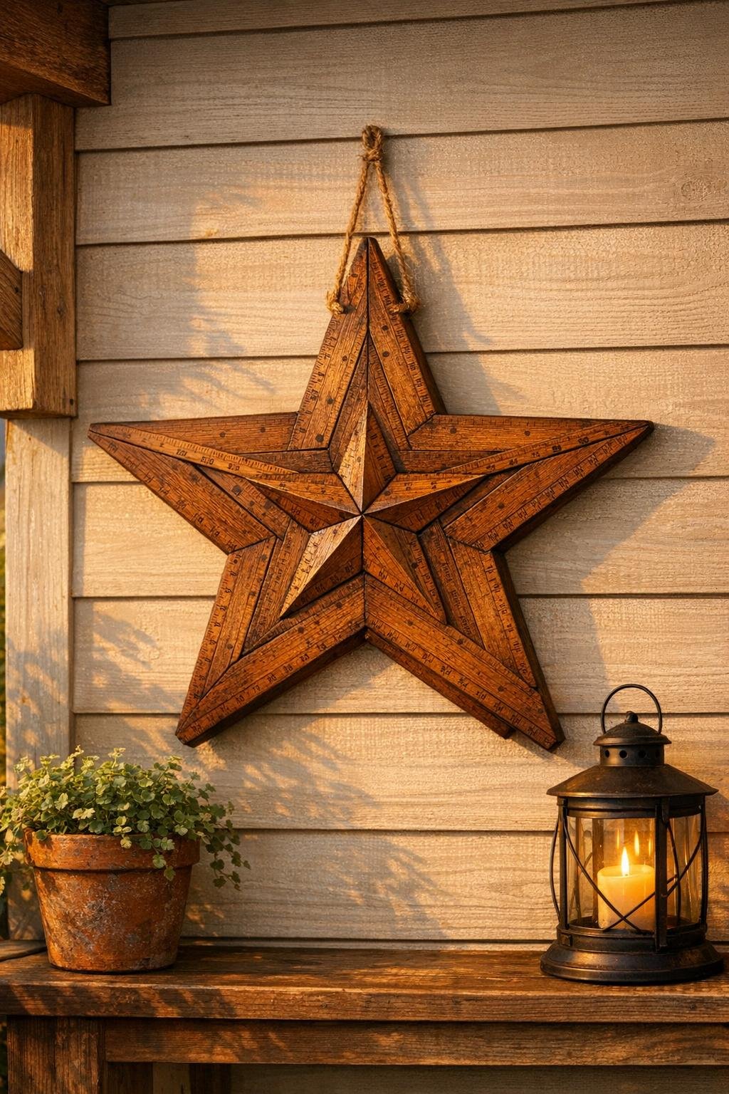 Finished layered barn star made from wooden yardsticks displayed on a wall