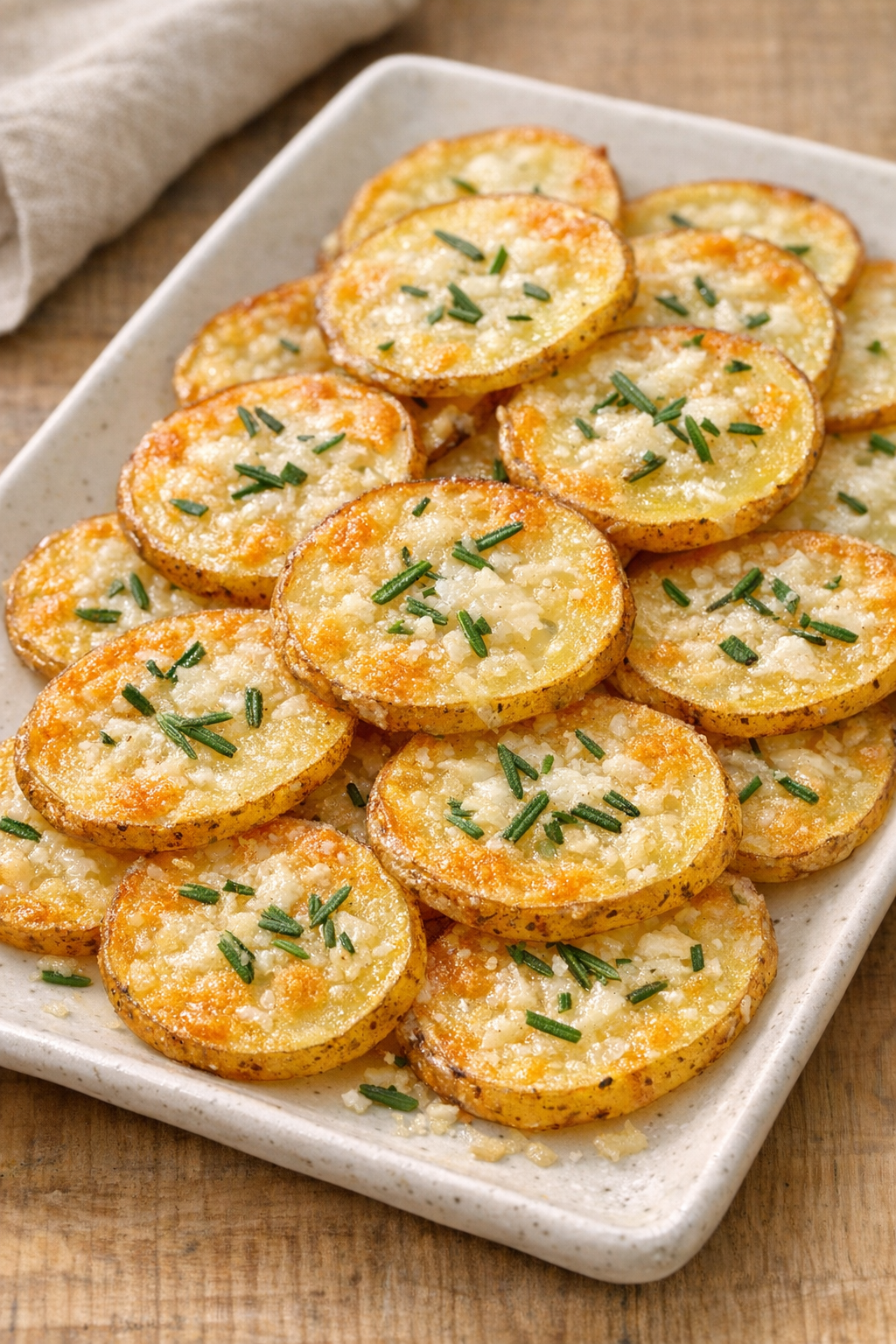 Yukon Gold potato wafers with parmesan and rosemary on a serving plate