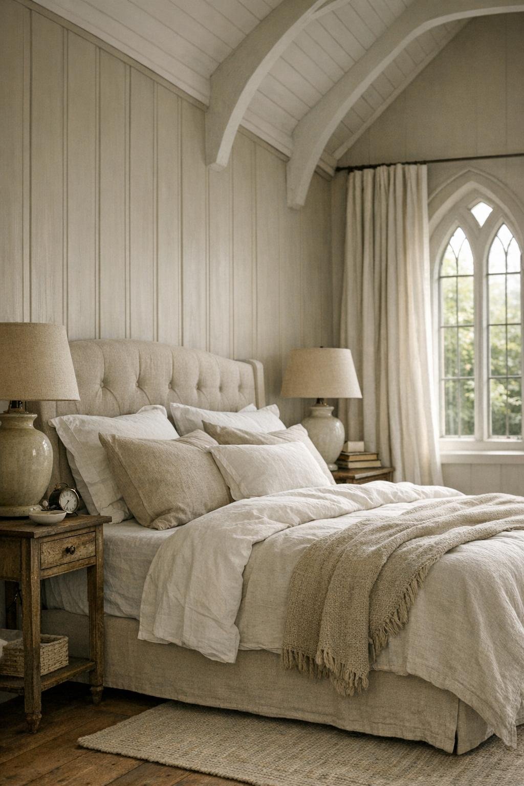 Bedroom with a vaulted ceiling, linen bed, soft greige paneling, and tall draped windows