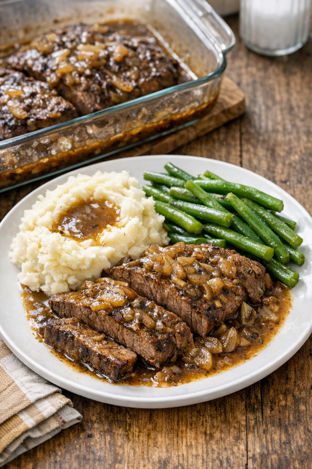 Finished baked sirloin steak in a baking dish with savory sauce