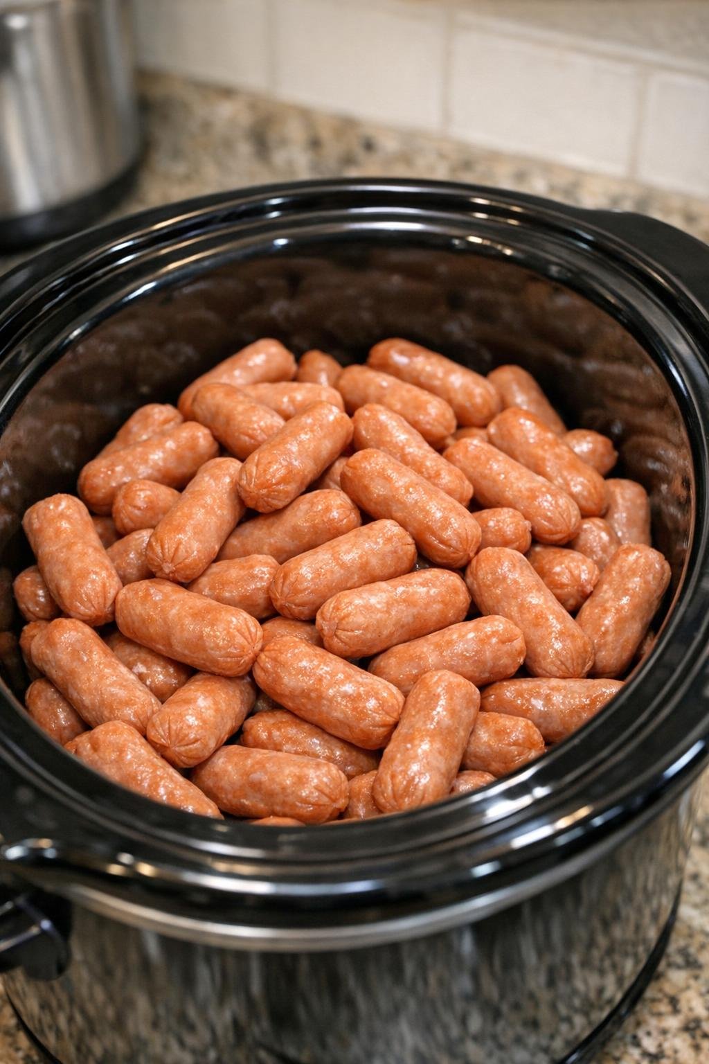Lil Smokies tilsat en sort slowcooker-krukke