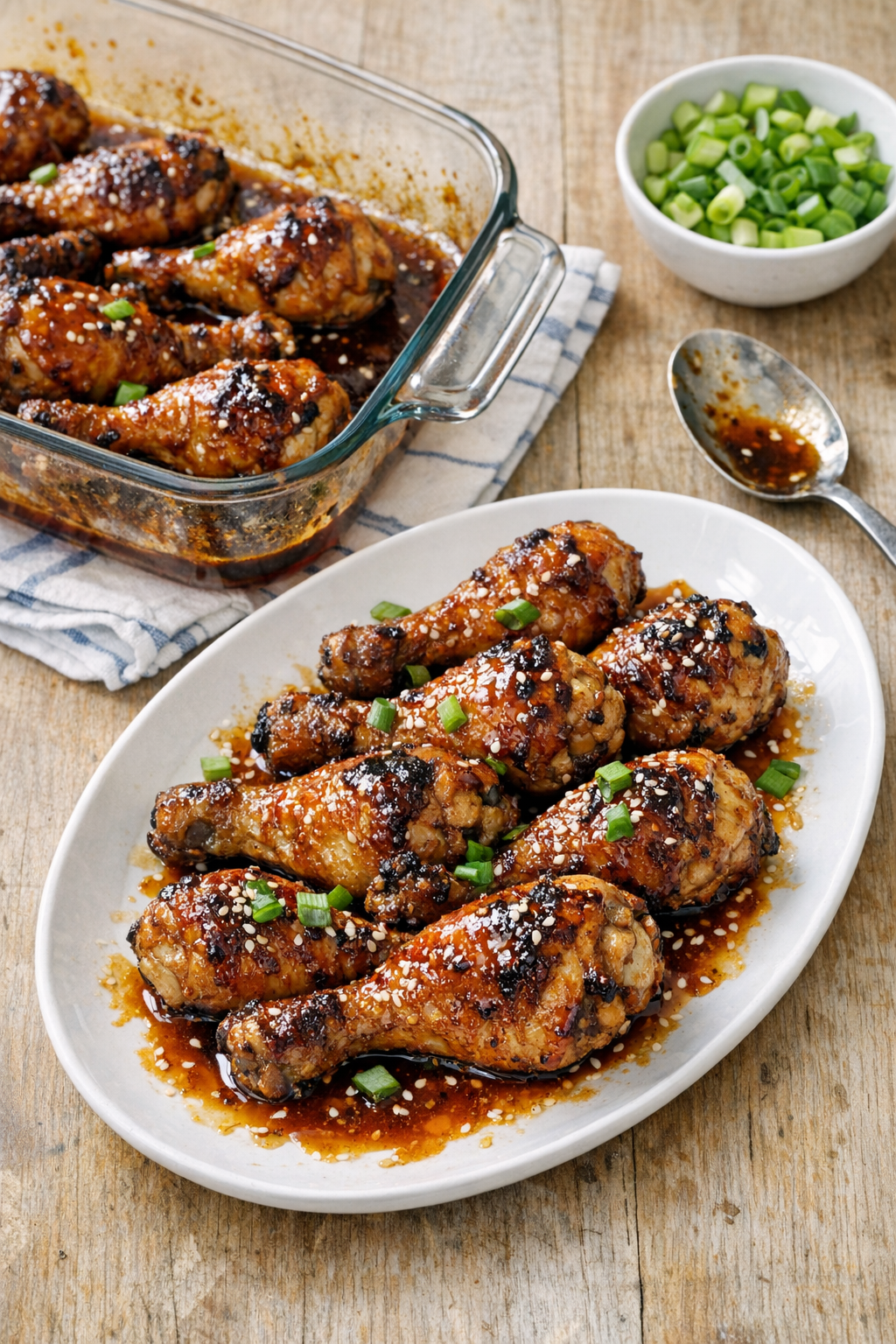 Finished sticky baked chicken drumsticks on a platter