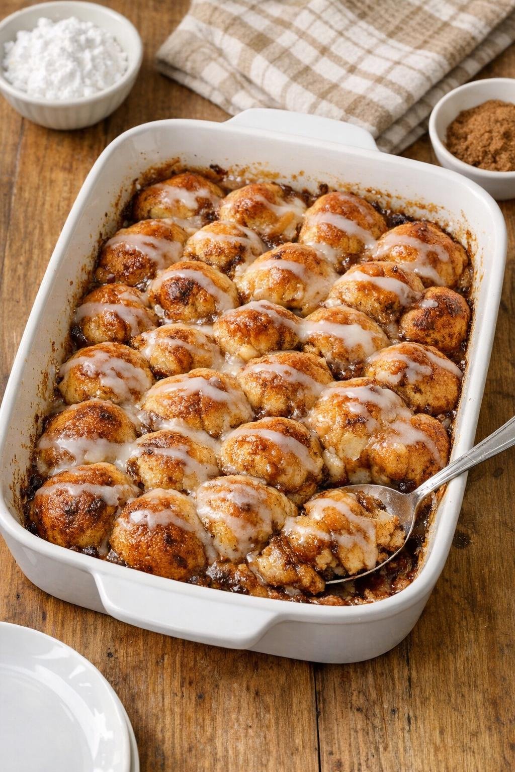 Baked cinnamon roll casserole in a rustic baking dish