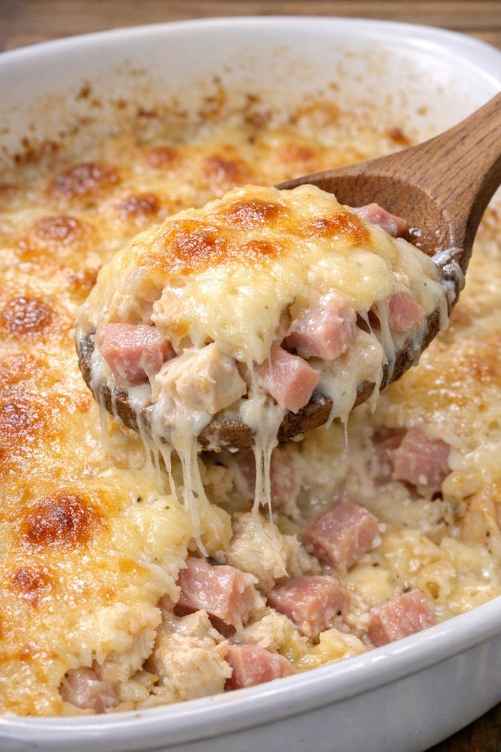 Golden bubbly chicken cordon bleu casserole in a white dish