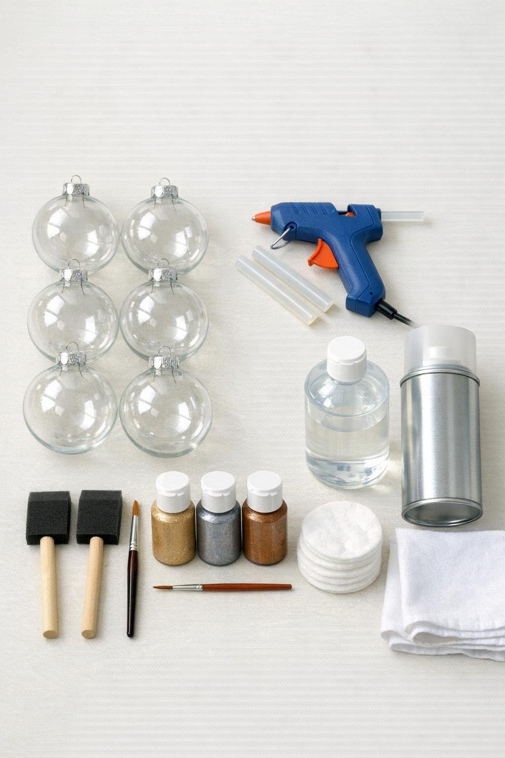 Materials for making vintage embossed glass ornaments laid out on a craft table