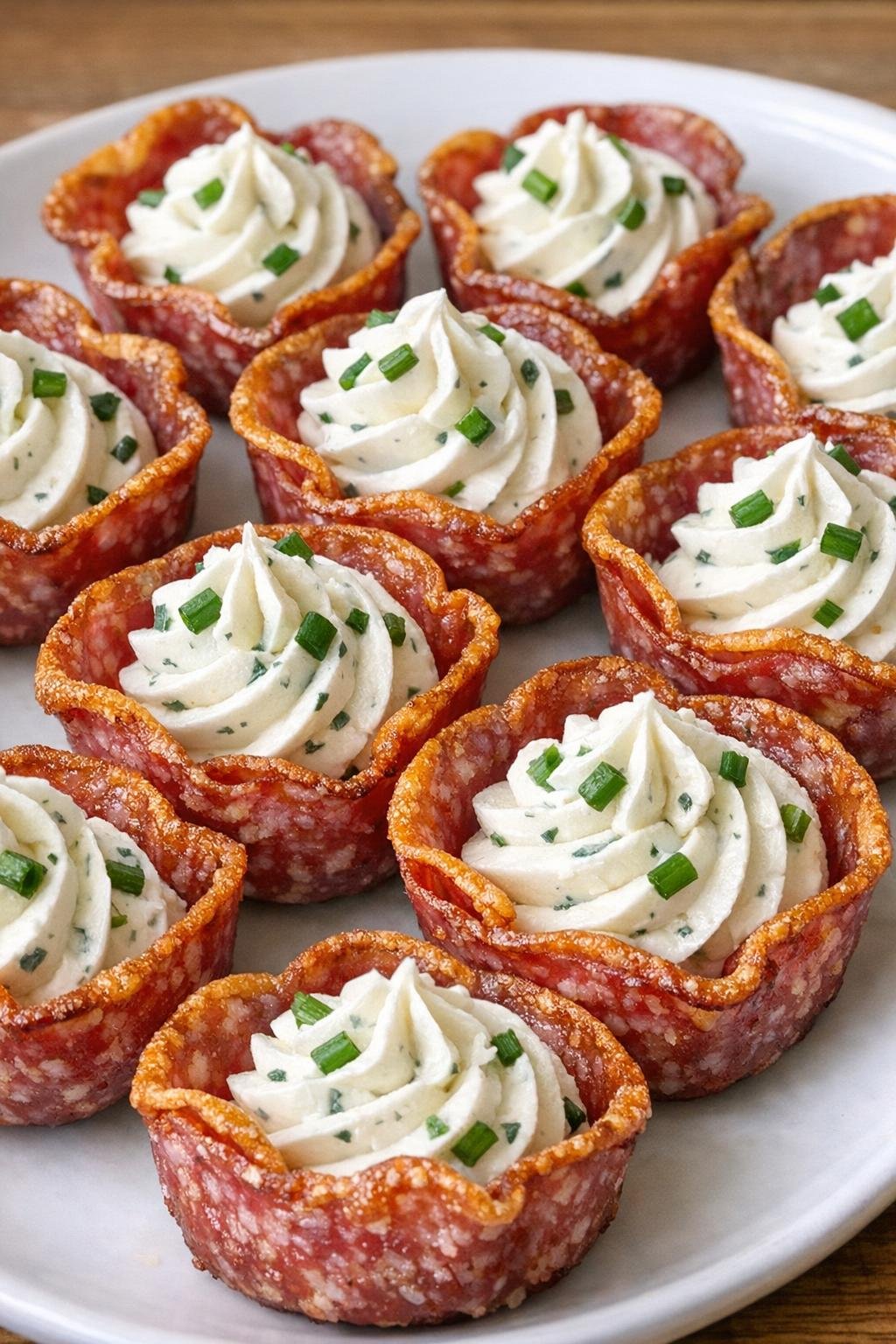 Crisp salami cups filled with chive cream cheese on a white plate