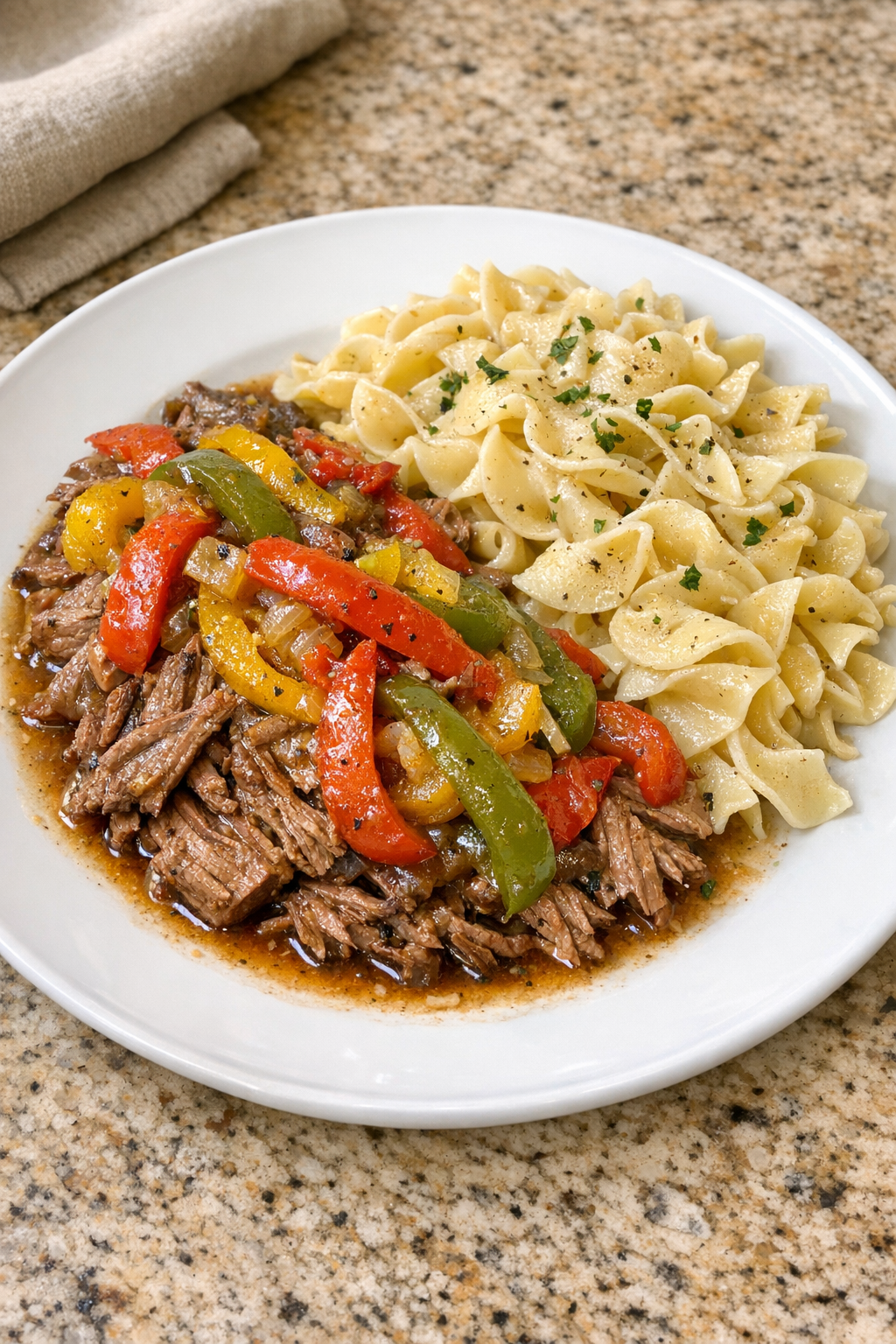 Finished Amish sweet pepper beef plated for serving