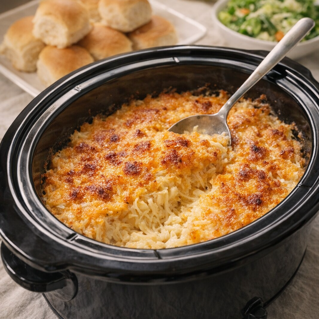 Slow cooker cheesy potato casserole on a church potluck table