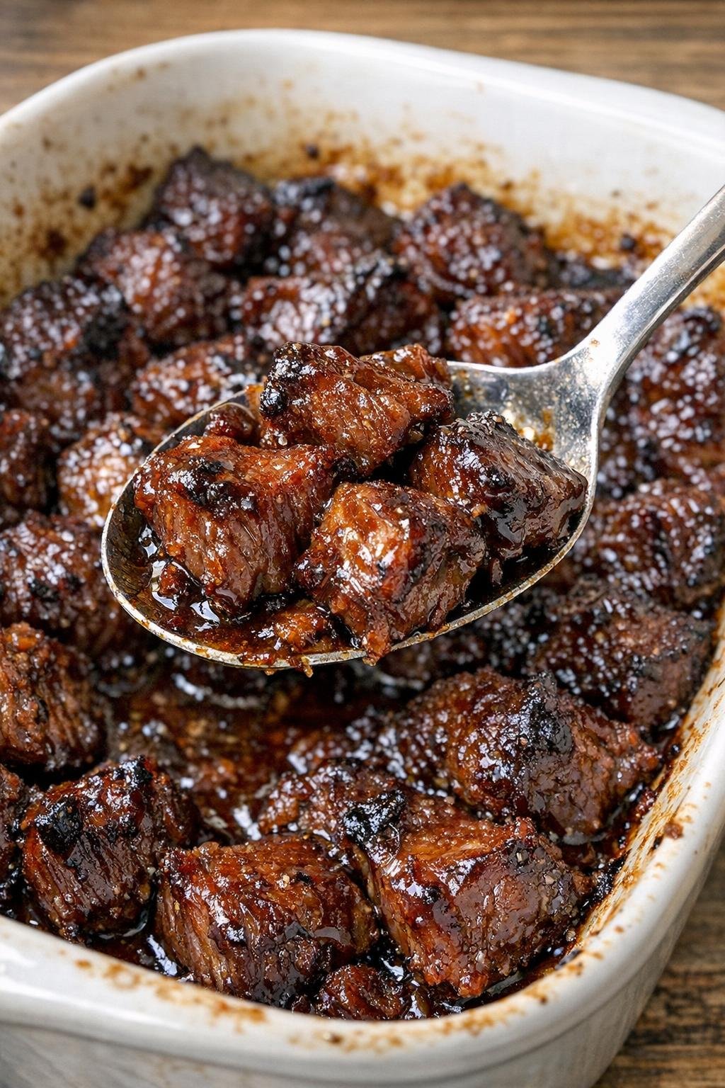 Savory beef bites in a casserole dish