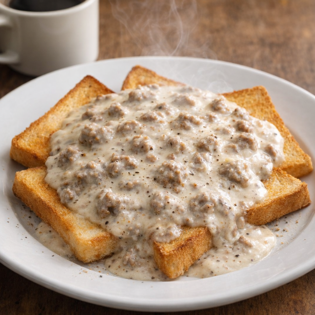 Plate of hamburger gravy over toast points