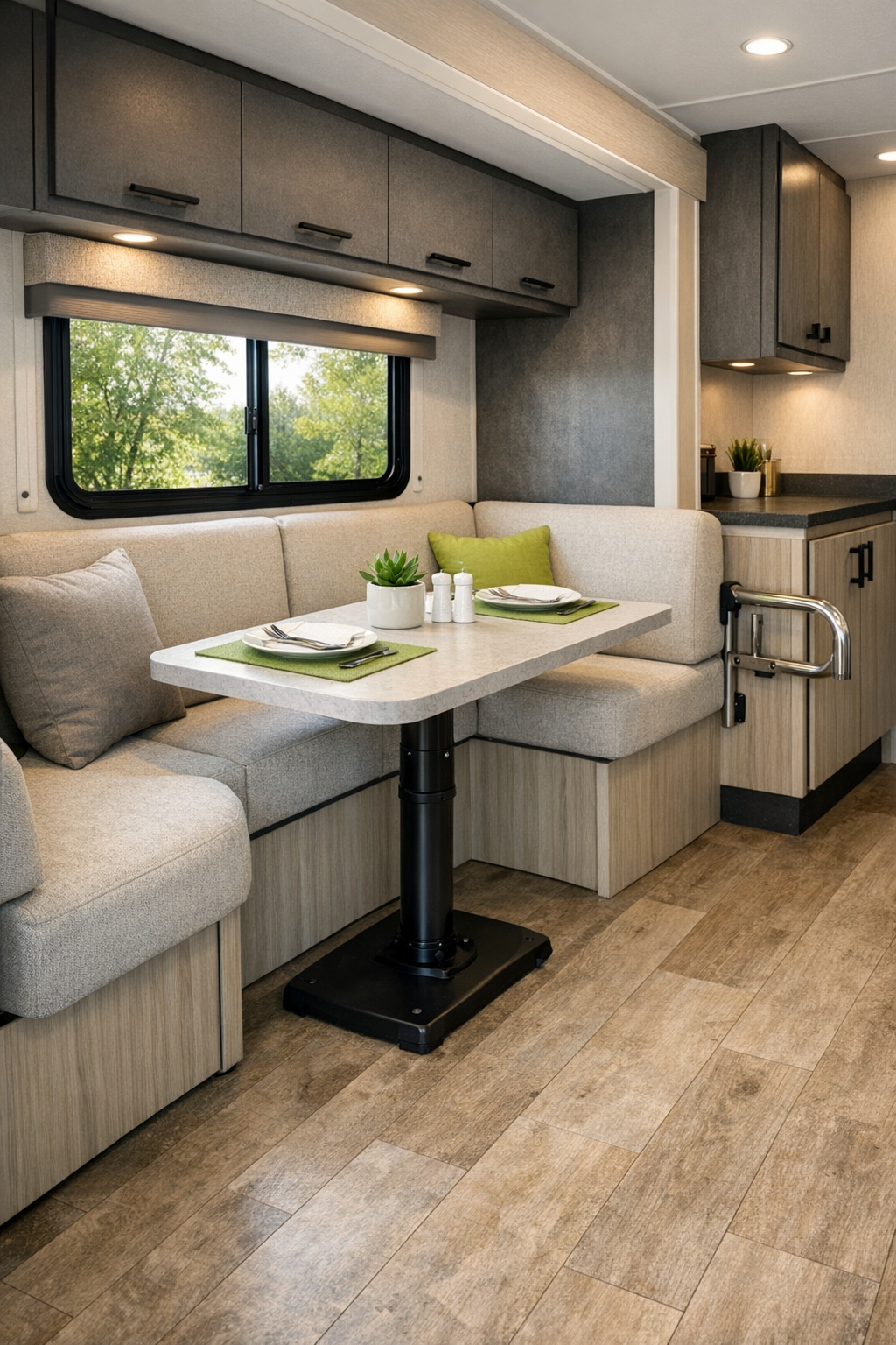 Compact RV dining nook with accessible pedestal table and charcoal accents