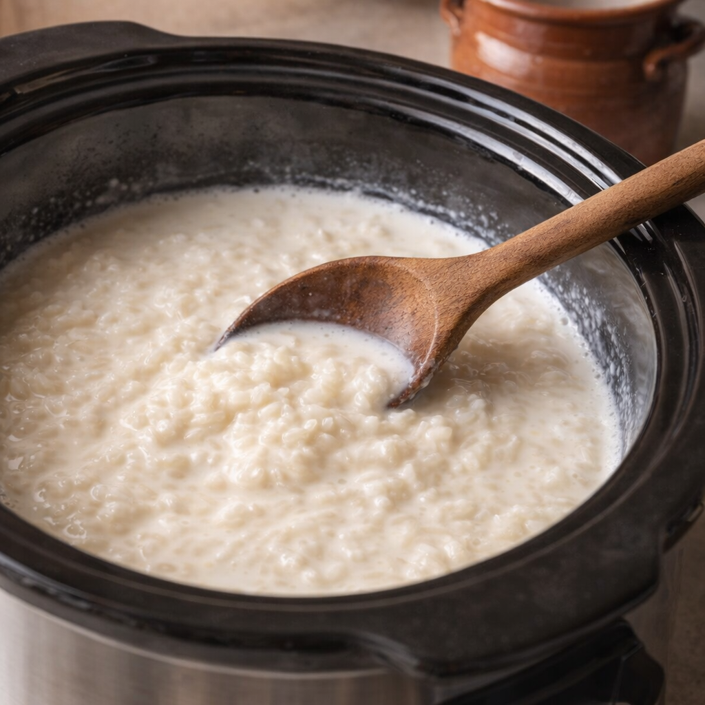 Ingrediënten voor rijstpudding worden in een slowcooker geroerd.