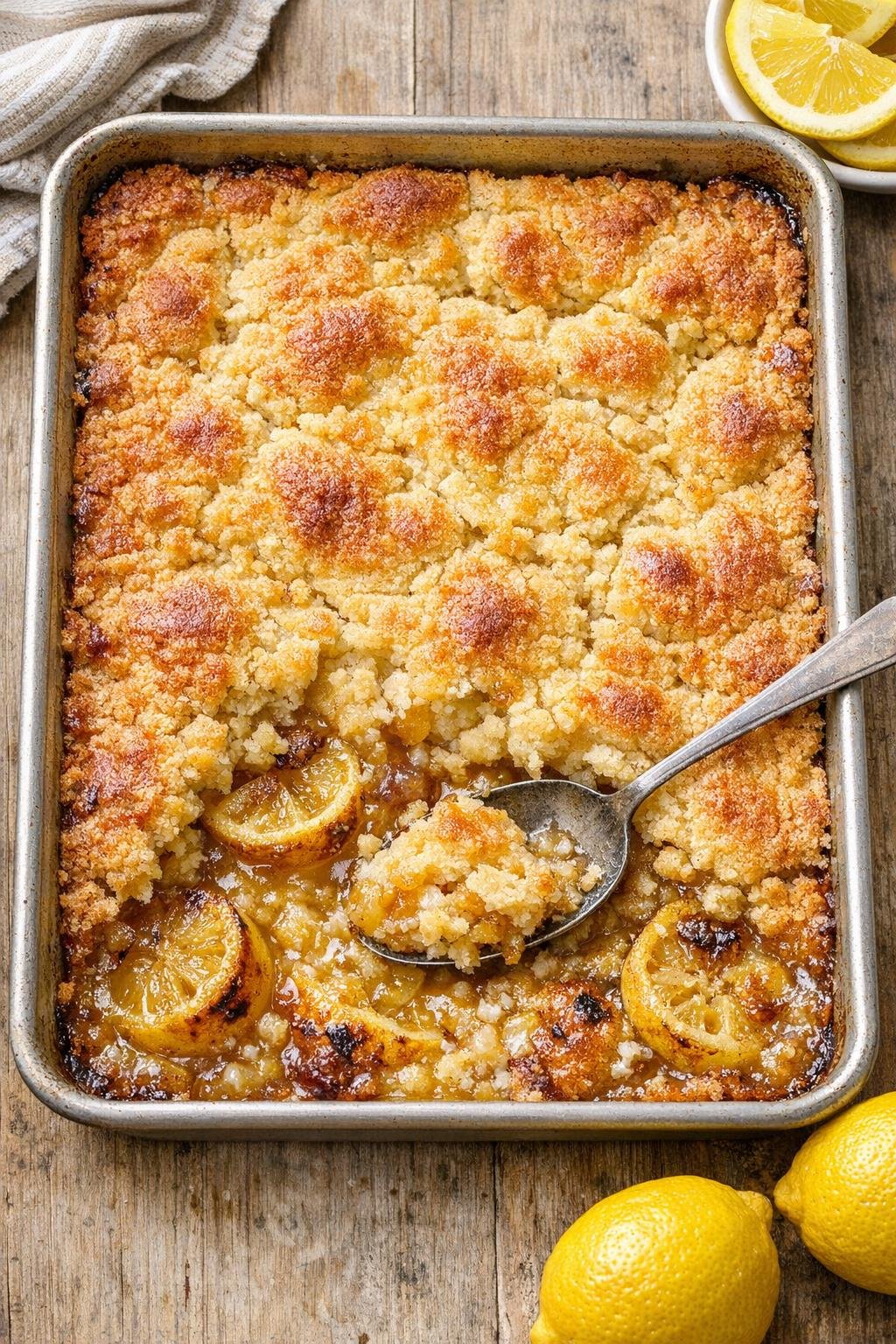 Finished baked lemon dump dessert in a sheet pan