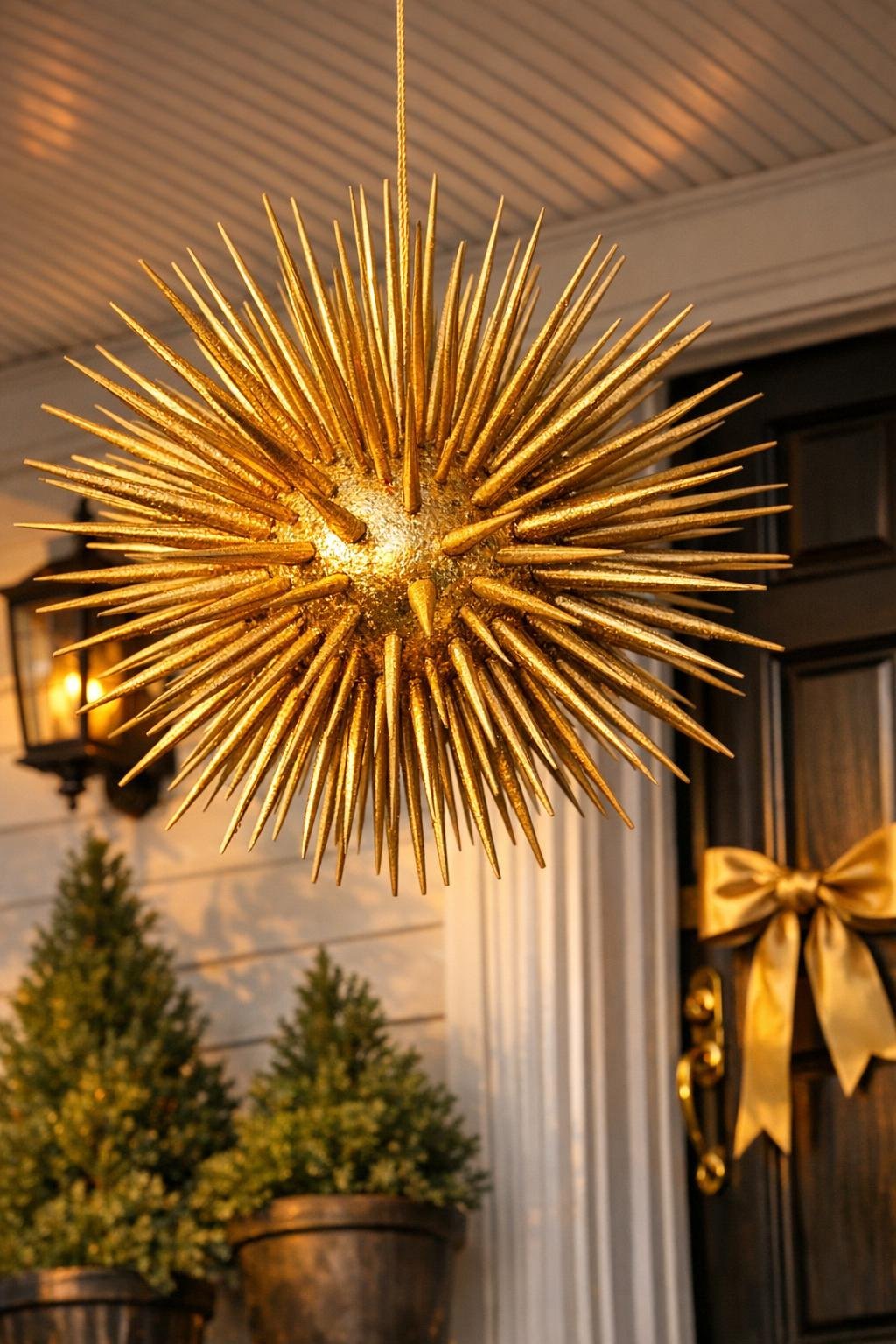 Finished giant gold starburst porch orb hanging from a covered porch ceiling