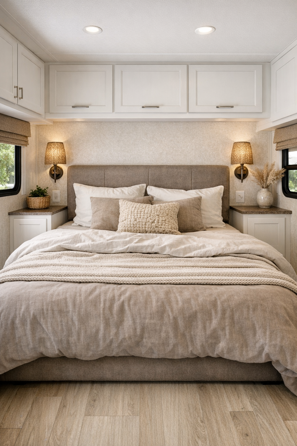 Accessible RV camper bedroom with low bed, built-in storage, and soft taupe textiles