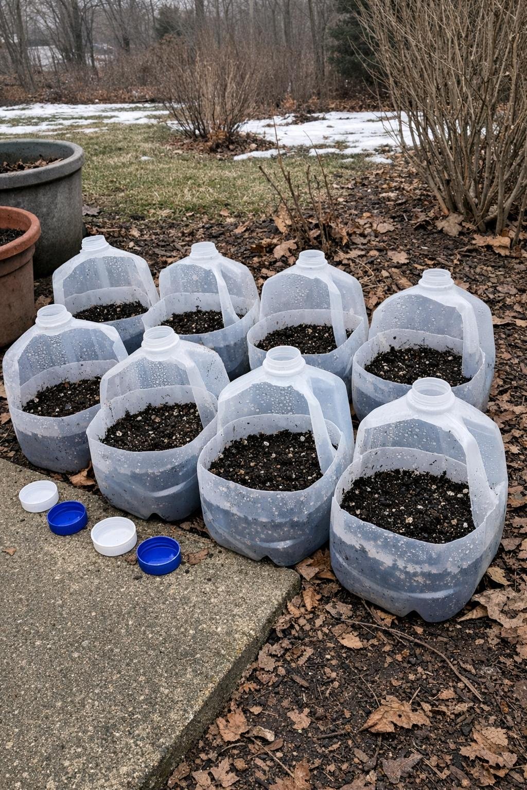 Milk jug mini greenhouses set outside for winter sowing