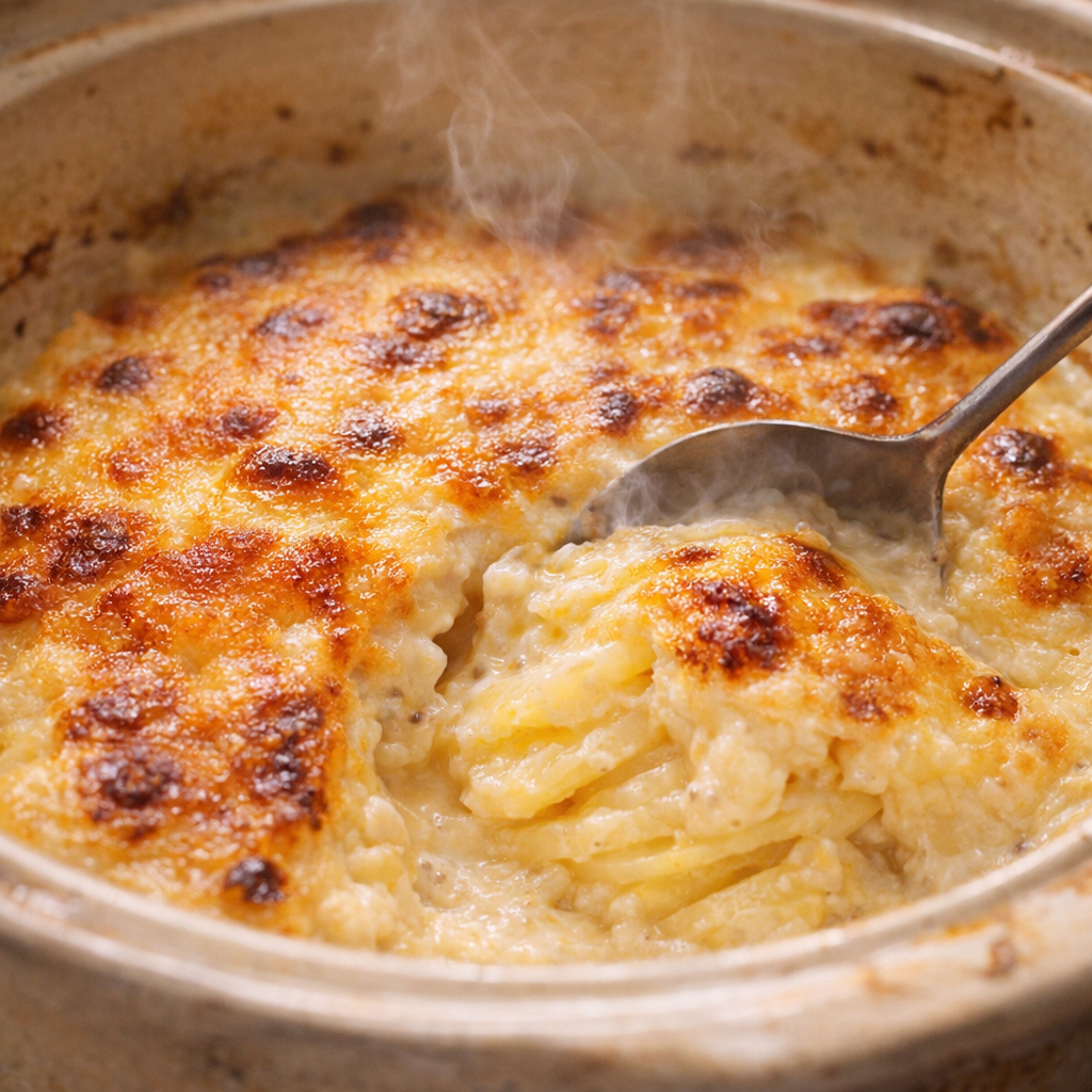 Freshly cooked scalloped potatoes with a blistered cheese top
