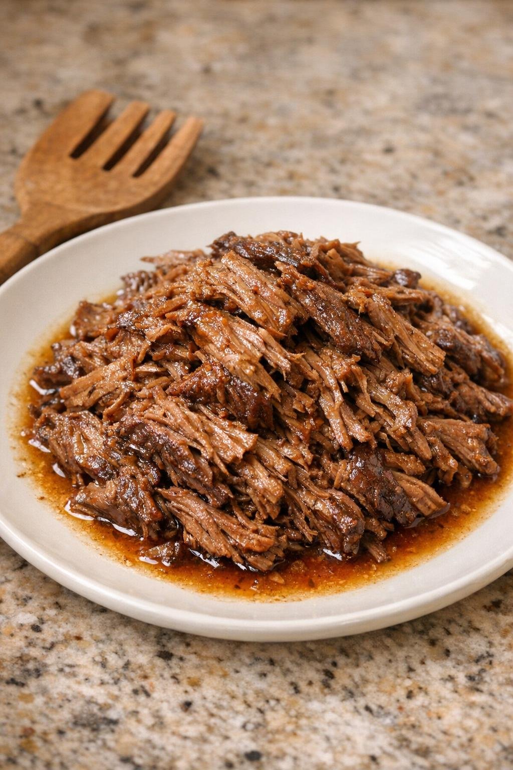 Finished shredded beef plated with its rich juices