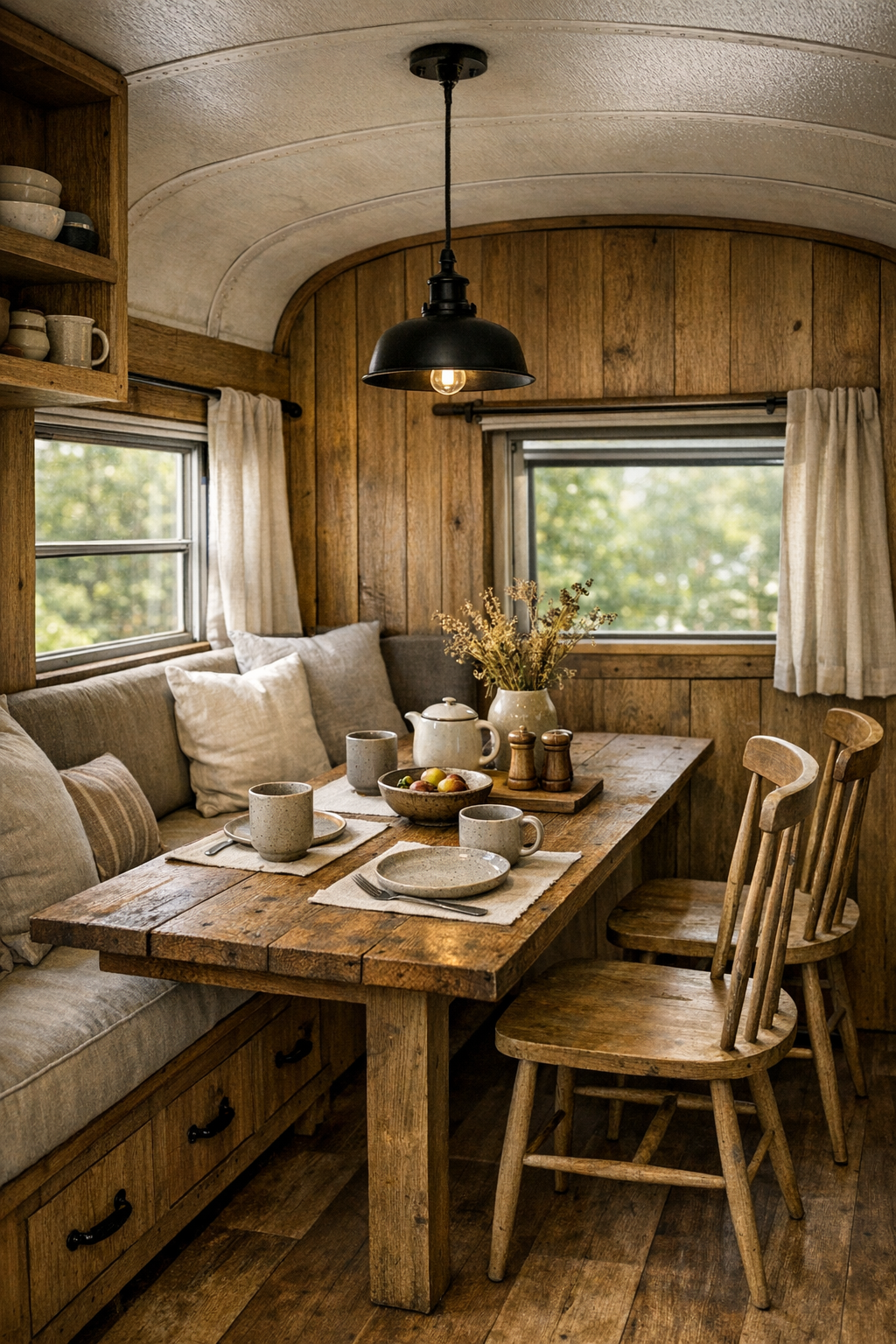 Cozy bus dining nook with a narrow farmhouse table, banquette seating, and window light