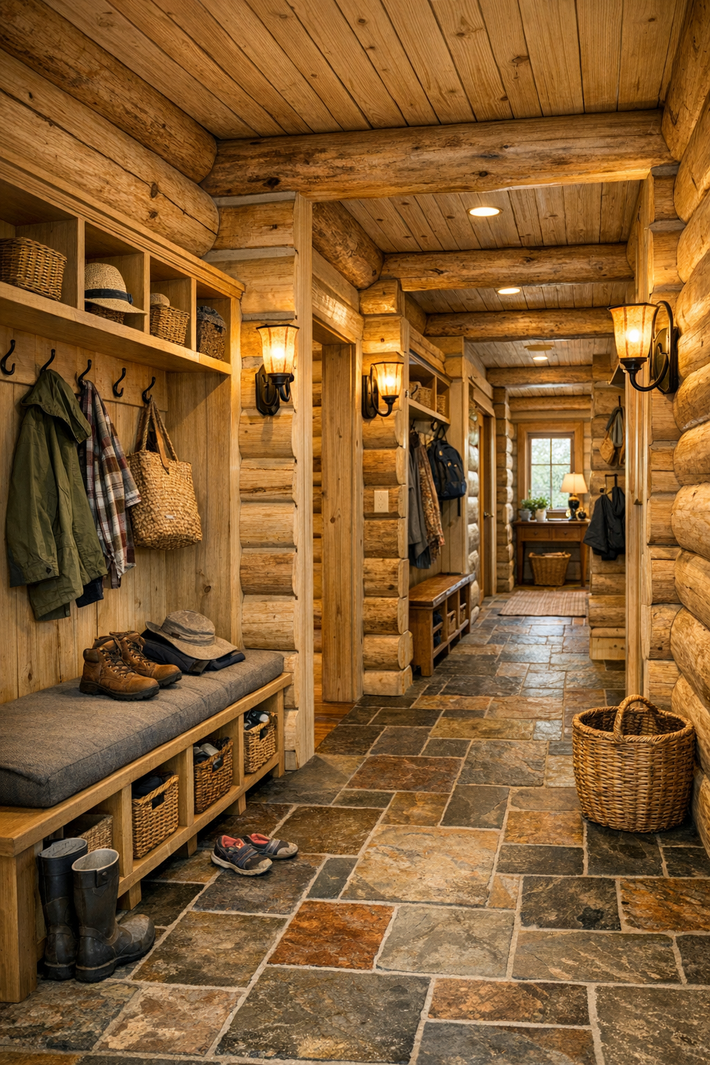 Mudroom and hallway with built-in bench, storage cubbies, stone floor, and warm sconces