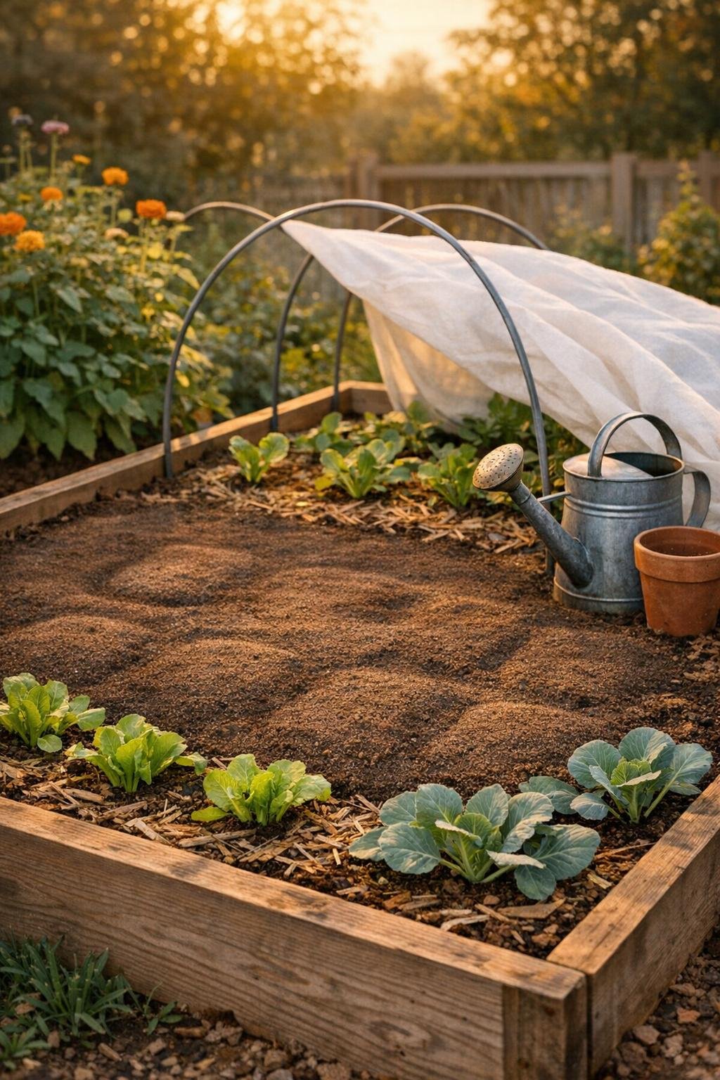 Finished raised bed with buried aluminum loaf pan heat sinks protecting young plants