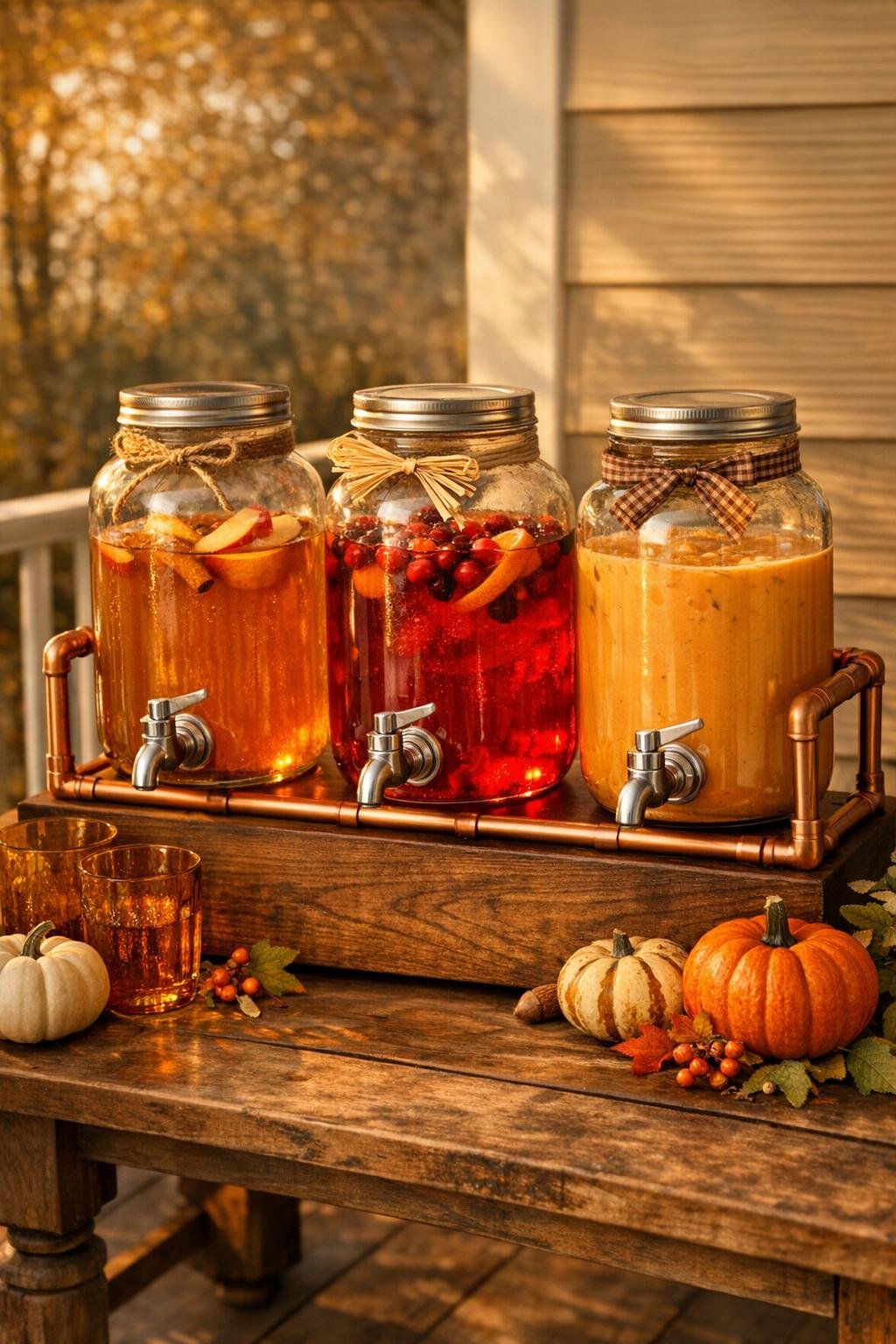 Finished autumn beverage dispenser made from glass sun tea jars and copper tubing