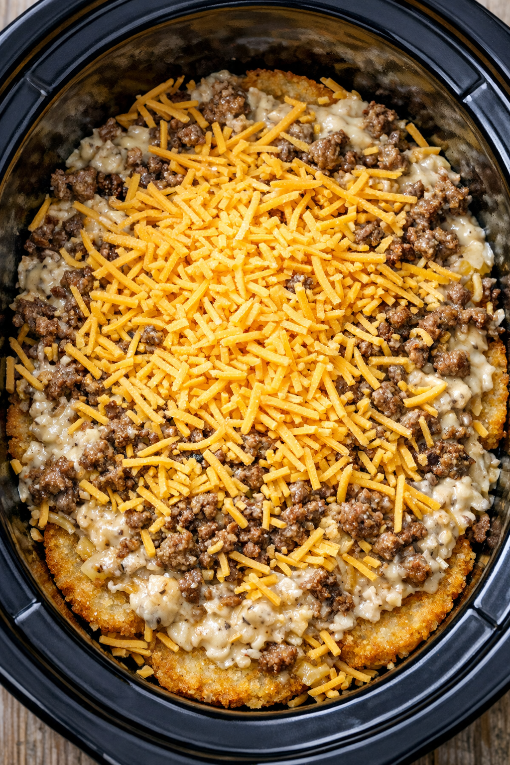 Fully layered hash brown casserole before cooking