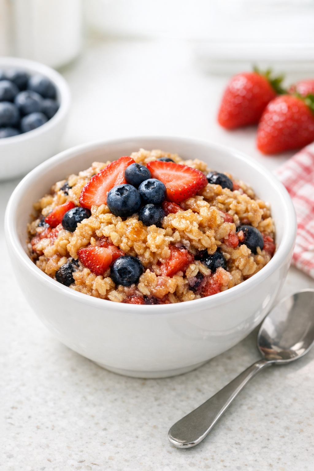 Finished slow cooker summer oat dessert in a serving bowl