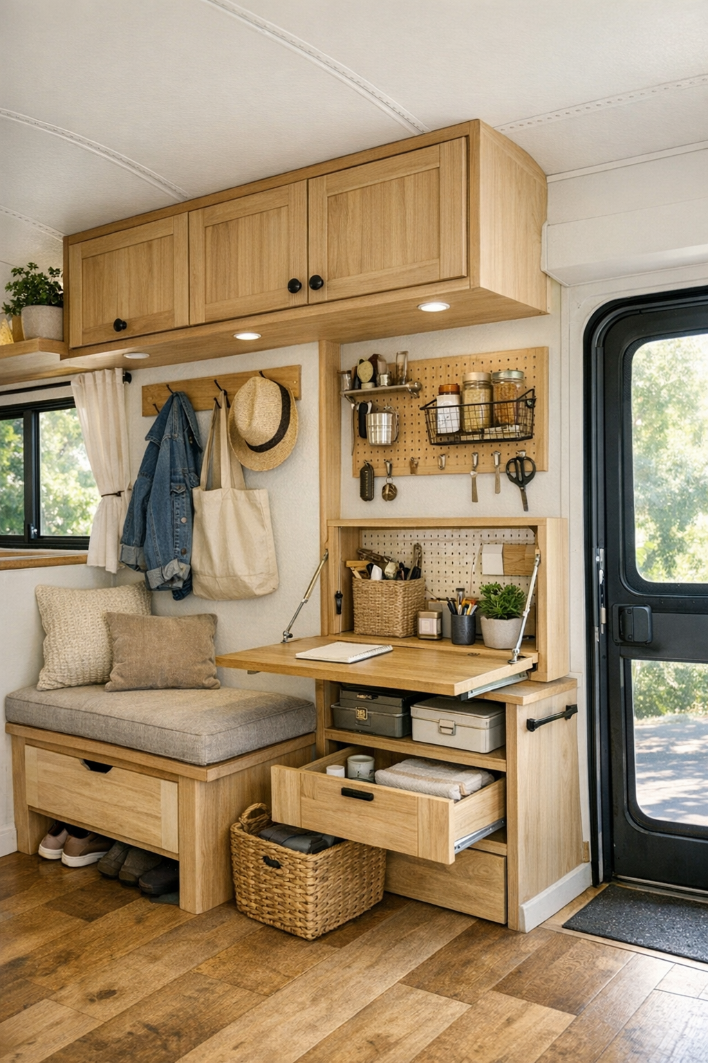 Functional transition area with entry storage and a fold-down workspace inside the bus