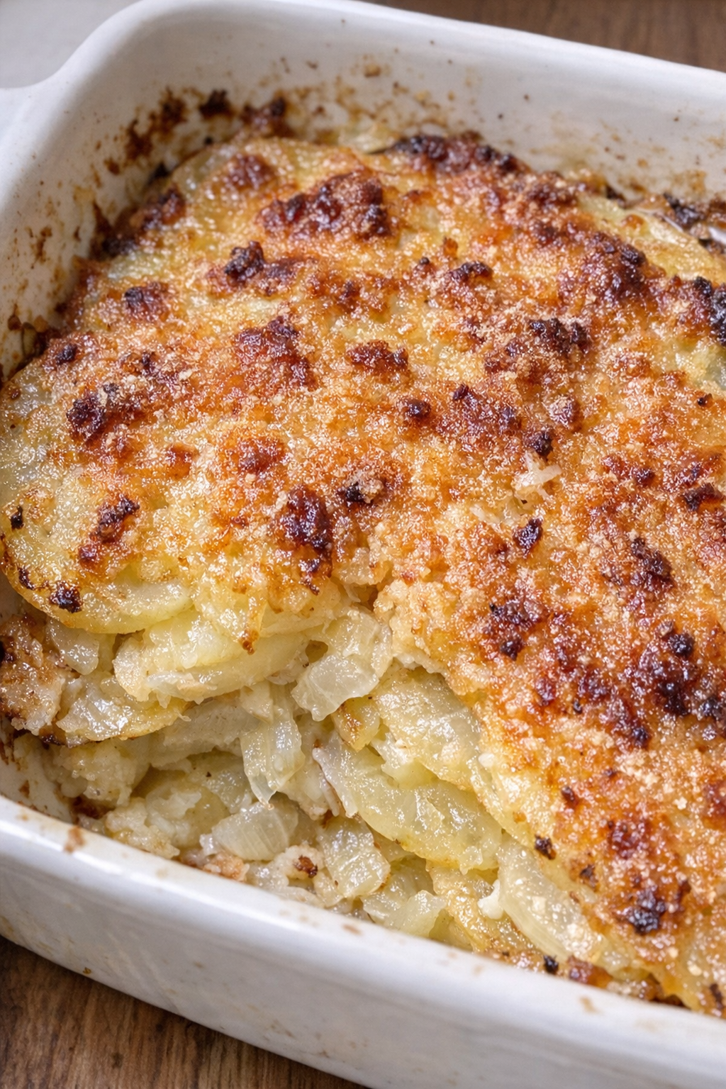 Layered potato and onion casserole with a crispy golden top
